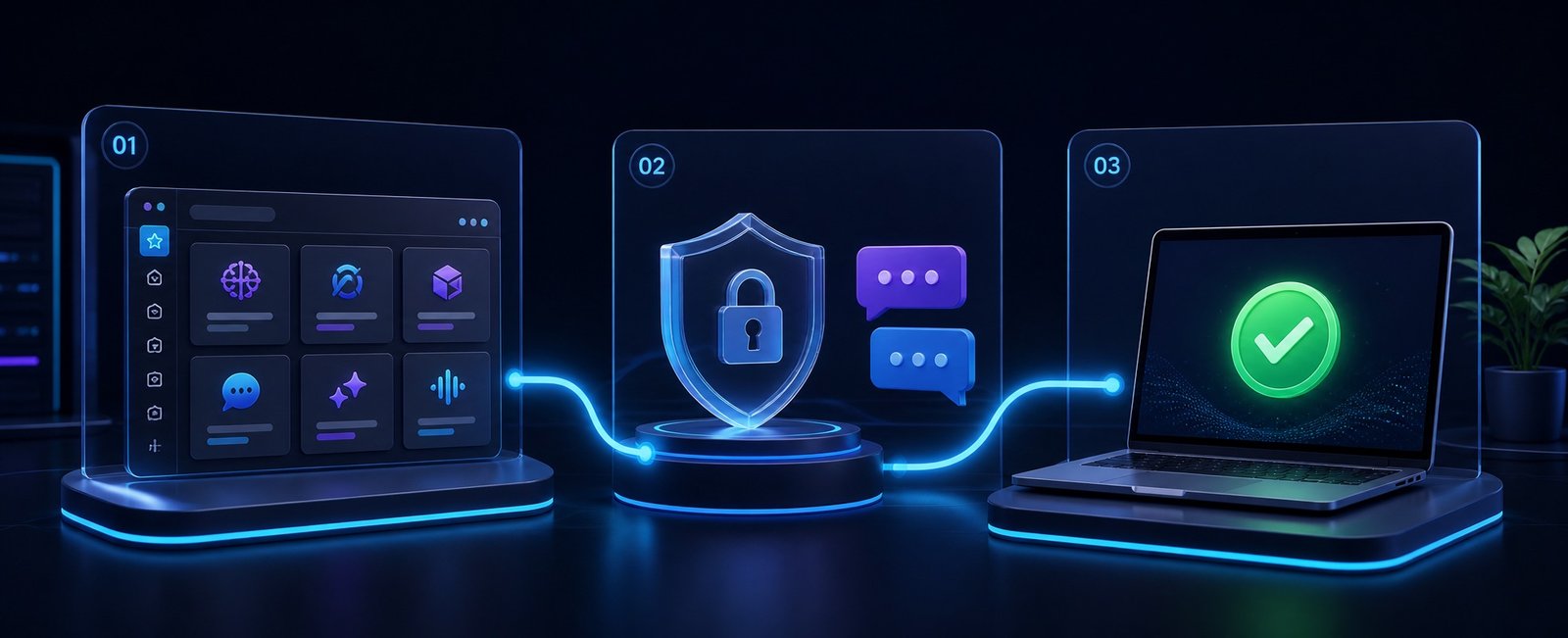 Three step AI tool ordering process: browse, confirm securely and receive activation